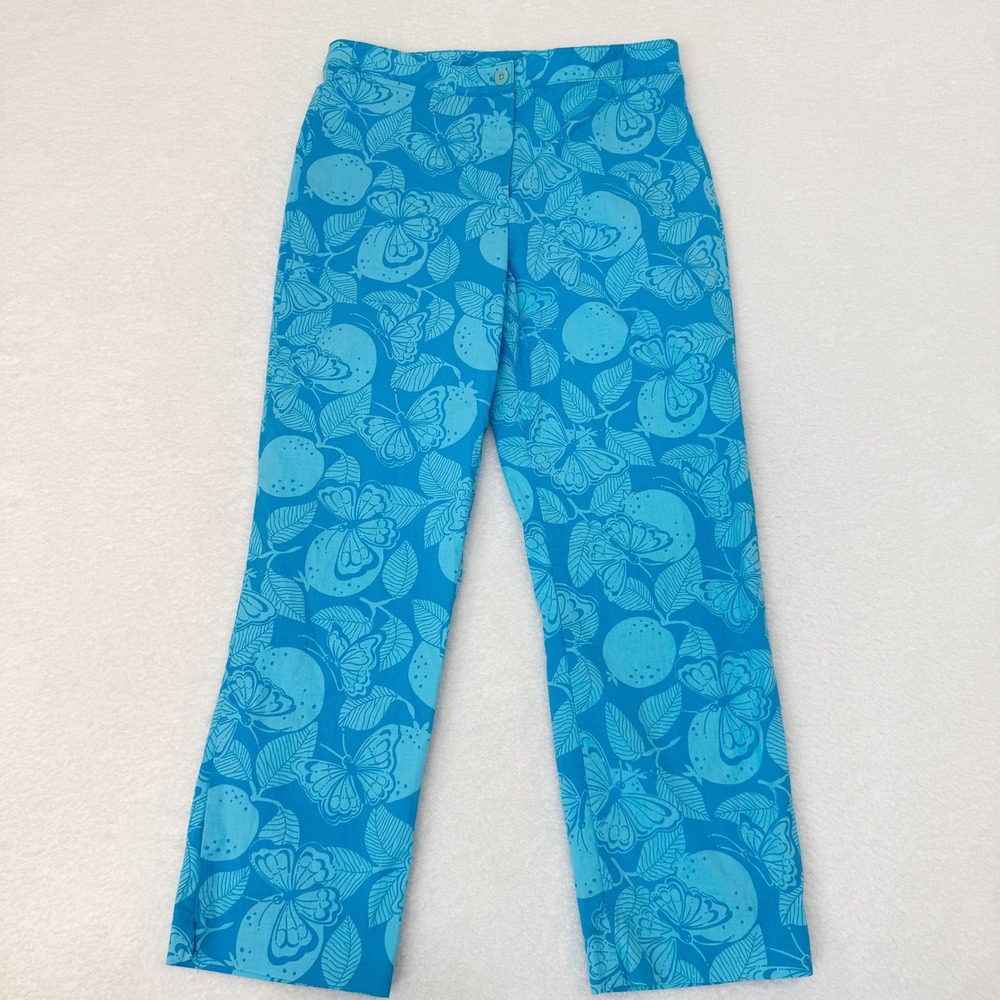Lilly Pulitzer Vintage Y2K Nicole Capri Pants Blue Butterfly Citrus Print Size 2